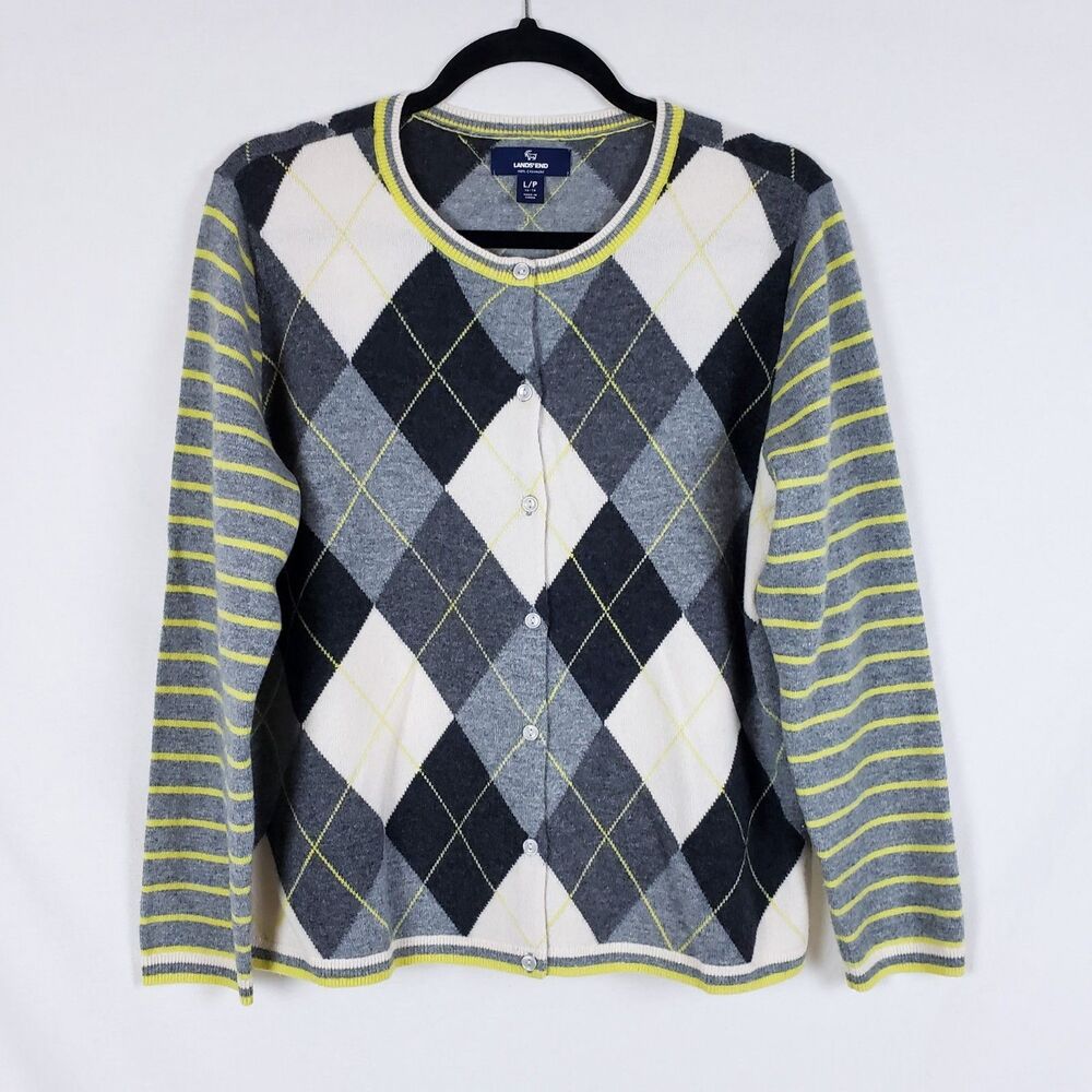 Lands' End Preppy Argyle Cashmere Cardigan Womens LP Striped Academia Indie